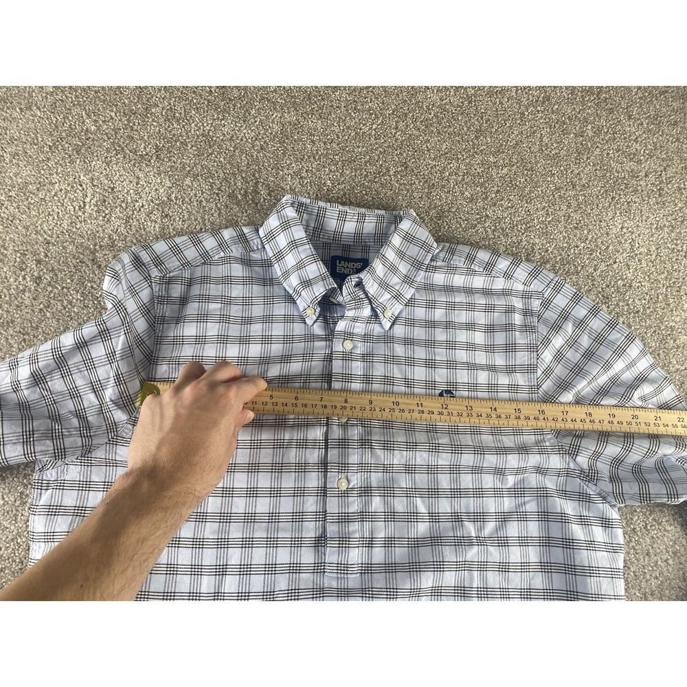 Lands Ends Chase Bank Blue Plaid 3 Button Polo Long Sleeve 15-15.5 Mens M Preppy - Picture 6 of 8